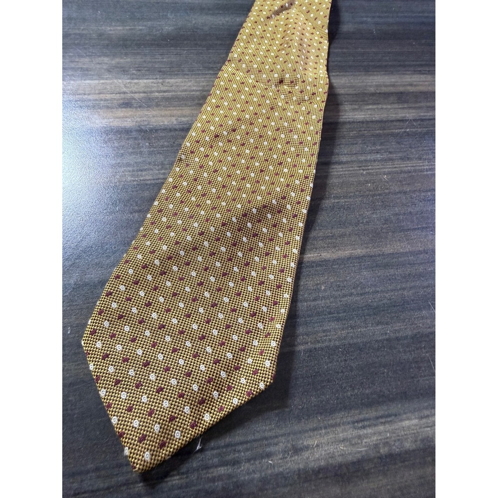 Bruno Piattelli Italy Pure Silk Tie Gold Burgundy White Geometric Micro Dot